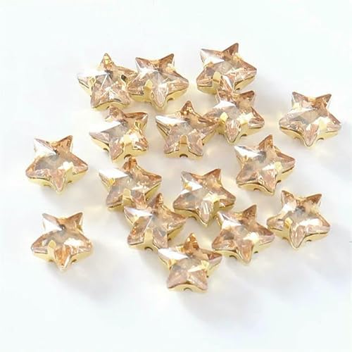 Glasperlen zum Aufnähen, Sternform, Diamant, Strasssteine mit Goldbasis, flache Rückseite, Kristalldekorationen für Kleidung, DIY-Gold-Champagner, 10 mm, 20 Stück von QOVBD