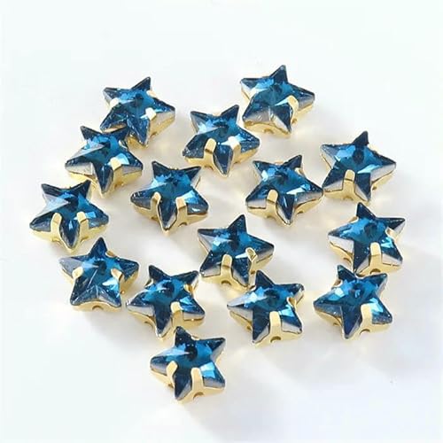 Glasperlen zum Aufnähen, Sternform, Diamant, Strasssteine mit Goldbasis, flache Rückseite, Kristalldekorationen für Kleidung, DIY-Pfauenblau, 10 mm, 20 Stück von QOVBD