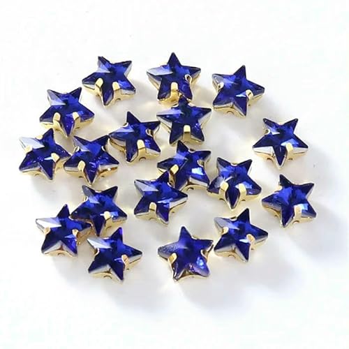 Glasperlen zum Aufnähen, Sternform, Diamant, Strasssteine mit Goldbasis, flache Rückseite, Kristalldekorationen für Kleidung, DIY-Saphir, 10 mm, 20 Stück von QOVBD
