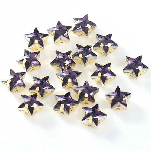 Glasperlen zum Nähen, Sternform, Diamant, zum Aufnähen von Strasssteinen mit Goldbasis, flache Rückseite, Kristalldekorationen für Kleidung, DIY-Amethyst, 10 mm, 20 Stück von QOVBD