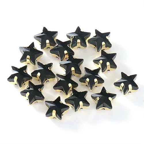 Glasperlen zum Nähen, Sternform, Diamant, zum Aufnähen von Strasssteinen mit Goldbasis, flache Rückseite, Kristalldekorationen für Kleidung, DIY-Schwarz, 10 mm, 20 Stück von QOVBD
