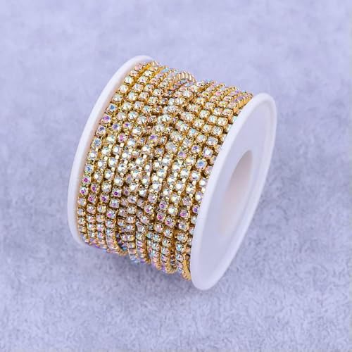 Kristall 10 Yard Strassbesatz Steinbecherkette Gold Diamant Strass Dekorative Applikation Besätze für Kleider AB mit Gold-SS12-10Yard von QOVBD
