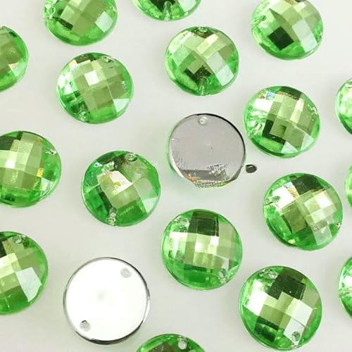 Runde Acryl-Strasssteine zum Aufnähen mit zwei Löchern, DIY-/Kleidungszubehör, 6 mm, 8 mm, 10 mm, 12 mm, 15 mm, Hellgrün, 8 mm, 100 Stück von QOVBD