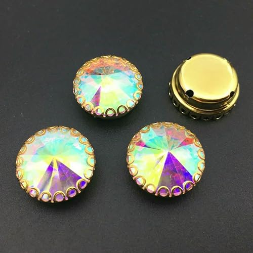 Runde Rivoli-Strasssteine zum Aufnähen, Goldbasis, Spitzenkralle, Glaskristall-Strass, DIY-Kleidungszubehör, Kristall ab, 10 mm, 20 Stück von QOVBD