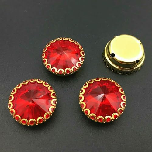 Runde Strasssteine in Rivoli-Form zum Aufnähen, Goldbasis, Spitzenkralle, Glaskristall-Strassstein, DIY-Kleidungszubehör, Hellrot, 18 mm, 10 Stück von QOVBD