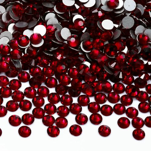 SS3-SS60 Rote Serie Glas-Strasssteine, superheller Kristall, rund, ohne Hotfix, flache Rückseite, zum Aufkleben auf 3D-Steine für DIY-Nagelkunst, Dunkelsiam, SS60, 144 Stück von QOVBD
