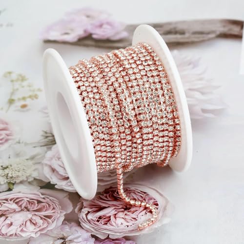 SS4.5-SS18 (1,5 mm-4,5 mm) glitzernde, klare Kristall-Strass-Cup-Kette zum Aufnähen von Strassbesatz für DIY-Kleidung, Bastel-Cup-Kette, Roségold-Kristall, SS6 (2 mm), 9,1 m von QOVBD