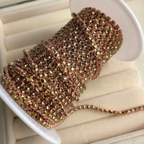 SS6 2 mm Strass-Kettenkette, klares Roségold-Blau, modische Dekoration, dichter und geschlossener Kristallbesatz für Kleidungsstücke zum Selbermachen, E60 Metall braun, SS6 2 mm, 9 Yards von QOVBD