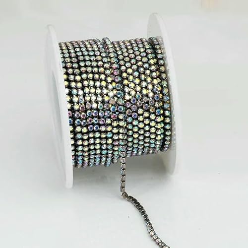 SS6-SS18 (2 mm – 4,5 mm) Silber-/Goldbasis, klare, dichte Kristall-Strasskette, zum Nähen von Bekleidung, Glas-Strass-Cup-Kette – Gun Black Crystal AB – SS4,5 (1,5 mm) – 10 Yards Rolle von QOVBD