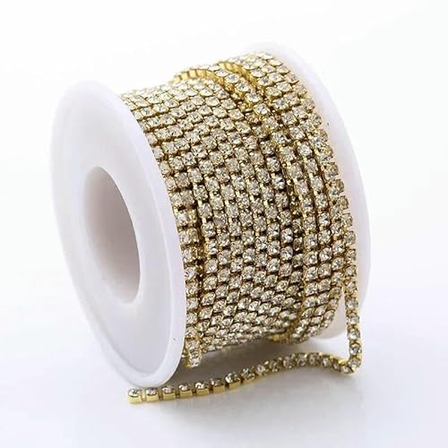 SS6-SS18 (2 mm – 4,5 mm) Silber-/Goldbasis, klare Kristalle, dichte Strasskette, Bekleidung, Nähen, Glas-Strass-Cup-Kette, Goldkristall, SS4,5 (1,5 mm), 5 Yards Packung von QOVBD