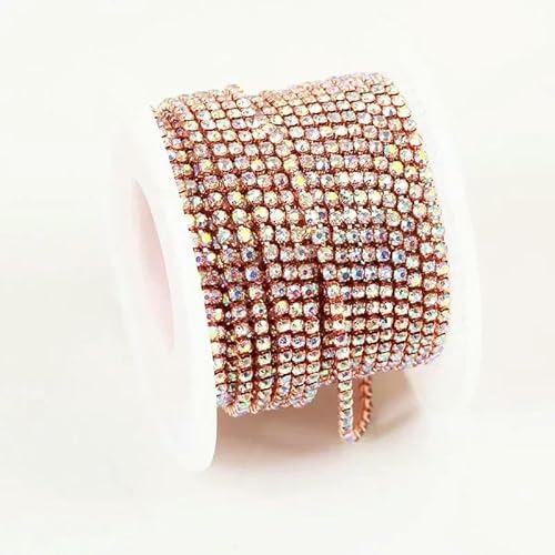 SS6-SS18 (2 mm – 4,5 mm) Silber-/Goldbasis, klare Kristalle, dichte Strasskette, Bekleidung, Nähen, Glas-Strass-Cup-Kette – Roségold-Kristall AB – SS14 (3,5 mm) – 9,1 m Rolle von QOVBD
