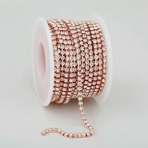SS6-SS18 (2 mm – 4,5 mm) Silber-/Goldbasis, klare Kristalle, dichte Strasskette, Bekleidung, Nähen, Glas-Strass-Cup-Kette – Roségold-Kristall – SS6 (2 mm) – 9,1 m Rolle von QOVBD