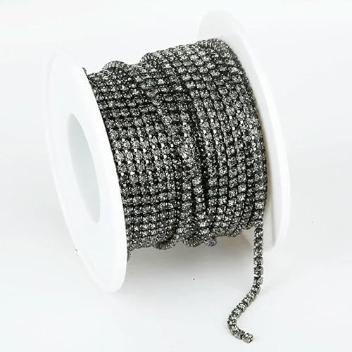 SS6-SS18 (2 mm – 4,5 mm) Silber-/Goldbasis, klare Kristalle, dichte Strasskette, Bekleidung, Nähen, Glas-Strass-Cup-Kette – Schwarzer Diamant – SS16 (4,0 mm) – 9,1 m Rolle von QOVBD