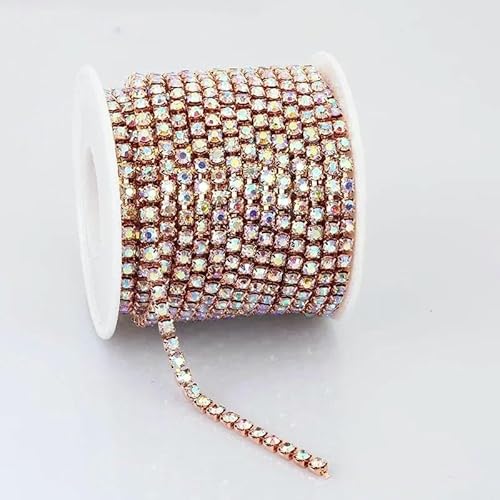SS6-SS18 Kristall-Strass-Cup-Kette zum Aufnähen auf Glas-Strass-Besatzkette, zum Aufkleben auf bunte Cup-Kette für Heimwerkerarbeiten, Roségold-Kristall AB-SS12, 3,0 mm, 9,4 m Rolle von QOVBD