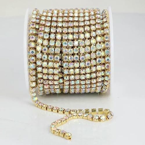 SS6-SS18 Kristall-Strass-Cup-Kette zum Aufnähen auf Glas-Strassbesatz, zum Aufkleben auf bunte Cup-Kette für Heimwerkerarbeiten, Goldkristall AB-SS18, 4,4 mm, 9,4 m Rolle von QOVBD