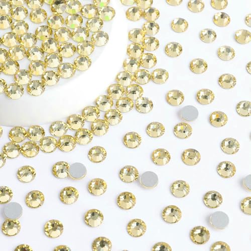 SS6-SS20 Glitzerglas, runde Strasssteine in verschiedenen Größen, Nailart, flache Basis, Kristall, keine Hotfix-Edelsteine für Kleidungszubehör, Hellgelb, SS16, 1440 von QOVBD