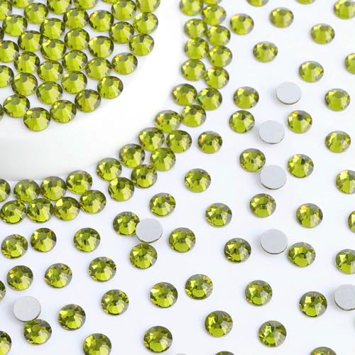 SS6-SS20 Glitzerglas, runde Strasssteine in verschiedenen Größen, Nailart, flache Basis, Kristall, keine Hotfix-Edelsteine für Kleidungszubehör, Olivgrün, SS12, 1440 von QOVBD