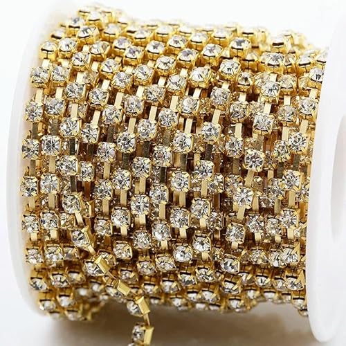 SS6-SS38 (2 mm – 8 mm) spärliche klare Kristall-Strass-Cup-Kette, Splitter/Gold AB Strass-Kette, Dekoration, GLD Ersatzkristall, SS38 (6 mm), 9,1 m von QOVBD