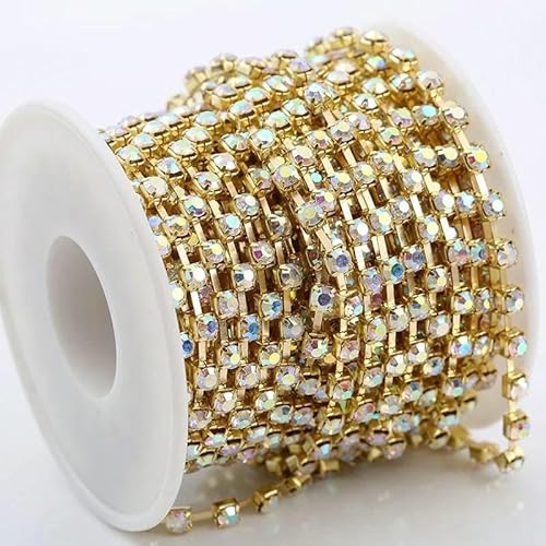 SS6-SS38 (2 mm – 8 mm) spärliche klare Kristall-Strass-Cup-Kette, Splitter/Gold AB Strass-Kette, Dekoration, GLD Ersatzkristall AB-SS38 (6 mm), 9,1 m von QOVBD