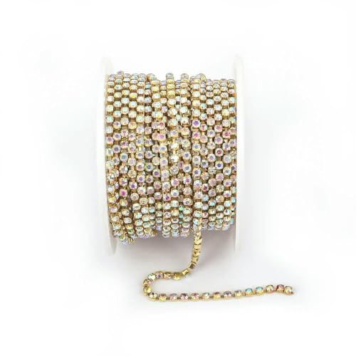 Silberfarbene Basisfarbe SS6-SS18 Kristall-Strasskette zum Aufnähen und Aufkleben, Zierkette für Kleidung, DIY-Kettenzubehör, Goldbasis AB-ss12 – 3,0 mm, 9,1 m – Rolle von QOVBD