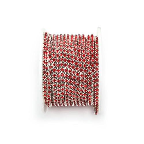 Silberfarbene Basisfarbe SS6-SS18 Kristall-Strasskette zum Aufnähen und Aufkleben, Zierkette für Kleidung, DIY-Kettenzubehör – Silberbasis, Siam, SS12 – 3,0 mm, 9,1 m – Rolle von QOVBD