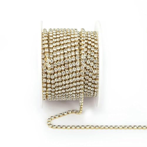 Silberne Grundfarbe SS6-SS18 Kristall-Strasskette zum Aufnähen und Aufkleben, Zierkette für Kleidung, DIY-Kettenzubehör, Goldbasis klar, SS6 – 2 mm, 1 Yard, Packung von QOVBD