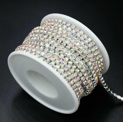 Yard 10 Yards/Rolle SS6-SS18 Glänzende Kristall-Strasskette zum Aufnähen und Aufkleben für Kleidung, Schmuck, Bekleidungszubehör, Zierketten, Tassenkette, silberne Basis, AB-ss14, 3,5 mm, 10 Y Yard 10 Yards/Rolle SS6-SS18 Glänzende Kristall-Strasskette zum Aufnähen und Aufkleben für Kleidung, Schmuck, Bekleidungszubehör, Zierketten, Tassenkette, silberne Basis, AB-ss14, 3,5 mm, 10 Y von QOVBD
