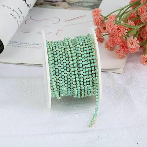mm Strass-Kettenkette, Splitter/Gold, Unterseite zum Aufnähen, Strass-Kettenbesatz, dekorative Applikation, Acryl-Kristallbesatz, Gold-Türkis, SS6 (2 mm), 2 Yards von QOVBD