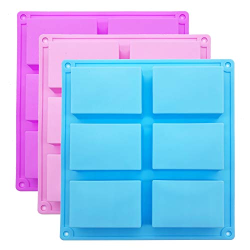 Silikon-Seifenformen, rechteckig, 6 Mulden, für Seife, Kuchen, Schokolade und Eiswürfel, 3 Stück (Blau, Lila und Rosa) von QPEY