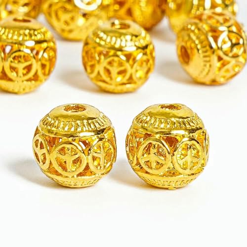 10 Stück silberne Zinklegierungs-Metallperlen, runde lose Kupferperlen für Halsketten, DIY-Armbänder, Schmuckherstellung, 8 mm, Gold, 8 mm, ca. 10 Perlen von QPFNEI