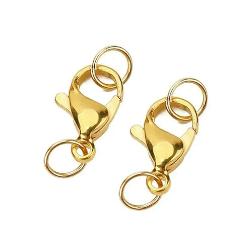 20 Sets PVD-Karabinerverschlüsse aus Edelstahl, verblasst nicht, mit Biegeringen, 9 10 12 14 15 mm, Endhakenverbinder für die DIY-Schmuckherstellung, Gold, 11 mm von QPFNEI