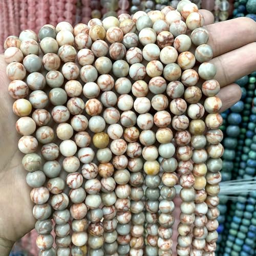 4–10 mm natürliche runde Tigerauge-Amazonit-Achat-Rosenquarz-Angelit-Lavasteinperlen zur Schmuckherstellung, DIY-Armbandzubehör, rotes Netzwerk, 10 mm, 35 Stück Perlen von QPFNEI