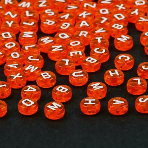 4 x 7 mm, 200 Stück, flache, runde, transparente Acrylperlen, weiße Buchstabenperlen, Acryl-Alphabet-Abstandshalterperlen für Schmuckherstellung,DIY-Bastelarbeiten, Orange, 200 Stück von QPFNEI