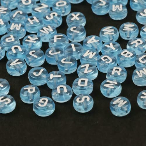 4 x 7 mm, 200 Stück, flache, runde, transparente Acrylperlen, weiße Buchstabenperlen, Acryl-Alphabet-Abstandshalterperlen für die Schmuckherstellung, DIY-Bastelarbeiten, Blau, 200 Stück von QPFNEI