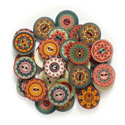 50/100 Stück Vintage bemalte bedruckte Holzknöpfe – 15 mm, 20 mm, 25 mm, DIY-Bastelzubehör, handgefertigt, exquisit dekoriert – 100 Stück, 20 mm von QPFNEI