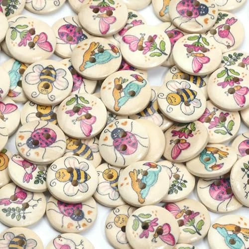 50 Stück 15 mm Naturfarbe Vogel Biene Schmetterling Marienkäfer Holzknöpfe für Kleidung Dekoratives Bastelzubehör DIY Nähzubehör-gemischt von QPFNEI