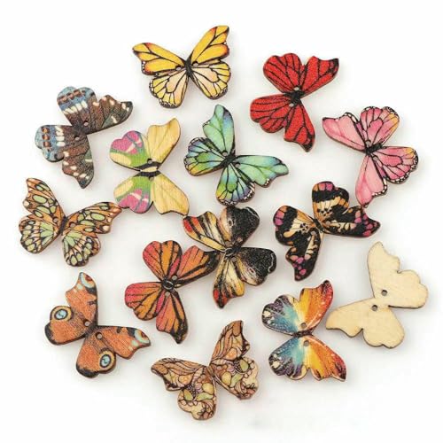 50 Stück 2 Löcher 3 Größen Bunte Schmetterlings-Holzknöpfe Passend für Nähen und Scrapbooking Nähknöpfe für Bastelarbeiten DIY Gemischt-Antik Kupfer von QPFNEI