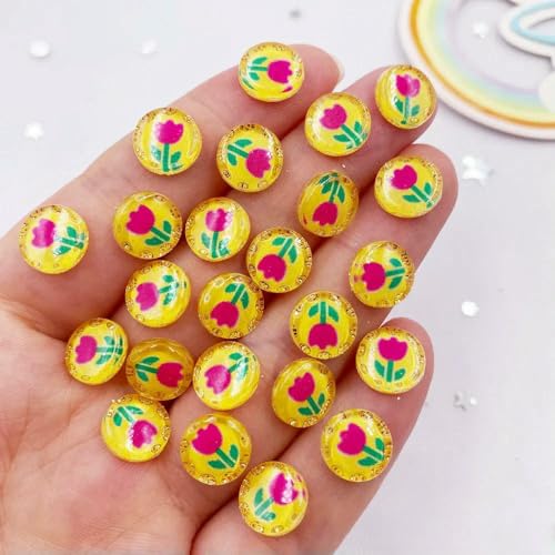 50 Stück Harz, niedlich, bunt, 10 mm, rund, Tulpen, Blumen, Kristall, Edelstein, flache Rückseite, Strass-Applikation, DIY-Knöpfe, Sammelalbum für Nagelkunst, 5 von QPFNEI