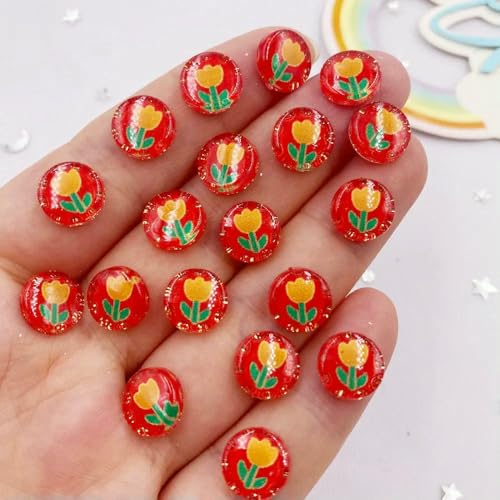 50 Stück Harz, niedlich, bunt, 10 mm, rund, Tulpen, Blumen, Kristall, Edelstein, flache Rückseite, Strass-Applikation, DIY-Knöpfe, Sammelalbum für Nagelkunst, 8 von QPFNEI