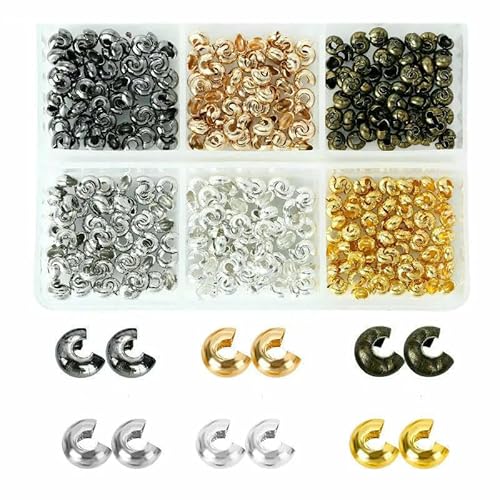 600 Stück/Box, 6 Stile, Messingrohr-Quetschperlen, Spitzen, Knotenabdeckungen, Drahtschutz, Endperle für DIY-Schmuckherstellung, Zubehör-2 von QPFNEI