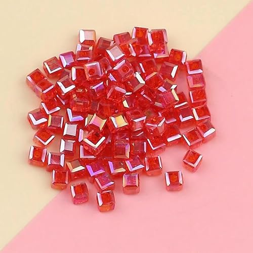 Exquisite österreichische farbige quadratische Kristallperlen 4,0 mm/100 Stück facettierte Kristallperlen Schmuck DIY Armband Halskette Zubehör-Rot von QPFNEI