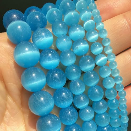 Naturstein, blaue Türkise, Achate, Tigerauge, Lapislazuli, Amazonit, runde Perlen zur Schmuckherstellung, DIY-Armbandzubehör – Seeblaues Katzenauge – 4,0 mm (ca. 91 Stück) von QPFNEI