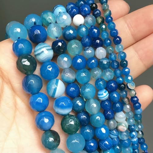 Naturstein, blaue Türkise, Achate, Tigerauge, Lapislazuli, Amazonit, runde Perlen zur Schmuckherstellung, DIY-Armbandzubehör – facettierter Streifenachat – 10 mm (ca. 36 Stück) von QPFNEI
