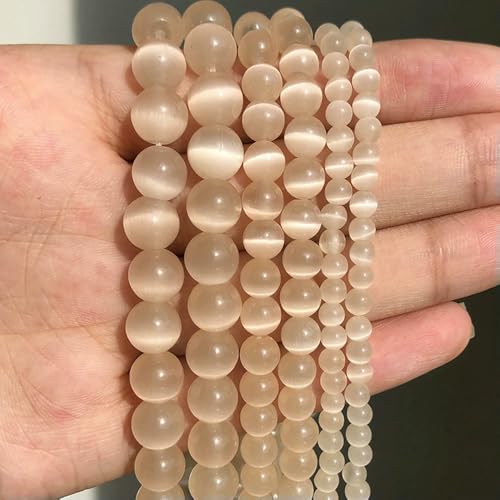 Naturstein, rosa-weißer Mondstein, Katzenaugenperlen zur Schmuckherstellung, glatter, loser Abstandshalter, Opal, DIY-Charm-Armbänder, Halsketten – Helles Champagner – 8 mm, 46 Stück Perlen von QPFNEI