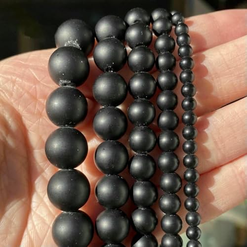 Natursteinperlen, 4, 6, 8, 10 mm, Lava, Amazonit, Achate, Amethyst, Turuoqis, Turmalin, runde Perlen zur Schmuckherstellung, DIY-Armbänder – Mattschwarzer Achat – 8 mm, 44 bis 46 Stüc von QPFNEI