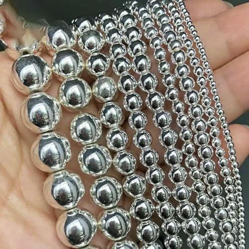 Natursteinperlen, glatt, schwarz, Hämatit, rund, lose Perlen zur Schmuckherstellung, DIY-Armbandzubehör, 15 Zoll, 2/3/4/6/8/10/12 mm, Silber, 8 mm (ca. 50 Stück) von QPFNEI