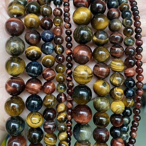 Natursteinperlen 4 6 8 10 mm Lava Amazonit Achate Amethyst Turuoqises Turmalin Runde Perlen zur Schmuckherstellung DIY-Armbänder-Farbe Tigerauge-4,0 mm 88 bis 91 Stück von QPFNEI