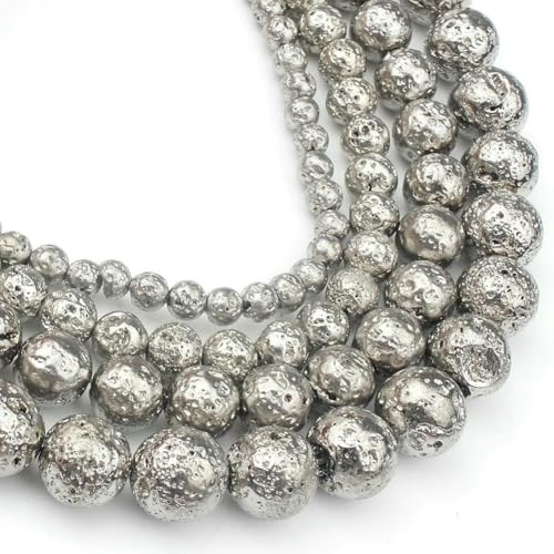 Versilberte natürliche Lavaperlen, runde Perlen aus Vulkangestein, für die Schmuckherstellung, passend für DIY-Armbänder und Halsketten, 4/6/8/10 mm, 15 Zoll - 6 mm, 61 Stück Perlen von QPFNEI
