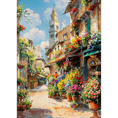 QQYRHN 5D Bunte Blumen Diamond Painting Kit für Erwachsene Anfänger Alte Straßen Diamant Kunst Kits Vollständiges DIY Blumen Diamantstickerei-Set Perfekt zur Entspannung und Dekoration 30x40 cm von QQYRHN