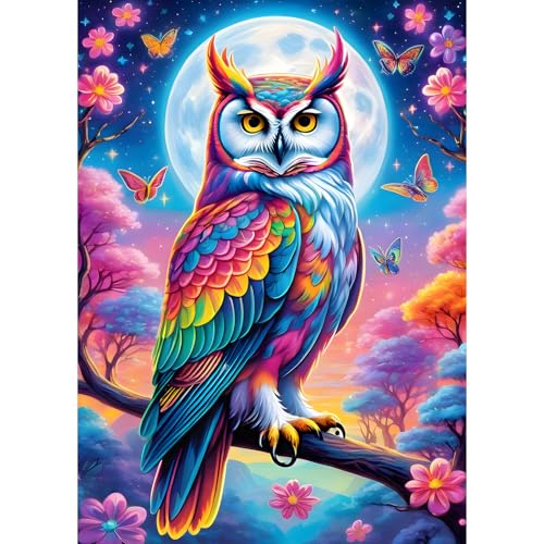 QQYRHN 5D Bunte Eule Diamond Painting Kit für Erwachsene Anfänger Mondnacht Diamant Kunst Kits Vollständiges DIY Bunte Blumen Diamantstickerei-Set Perfekt zur Entspannung und Dekoration 30x40 cm von QQYRHN